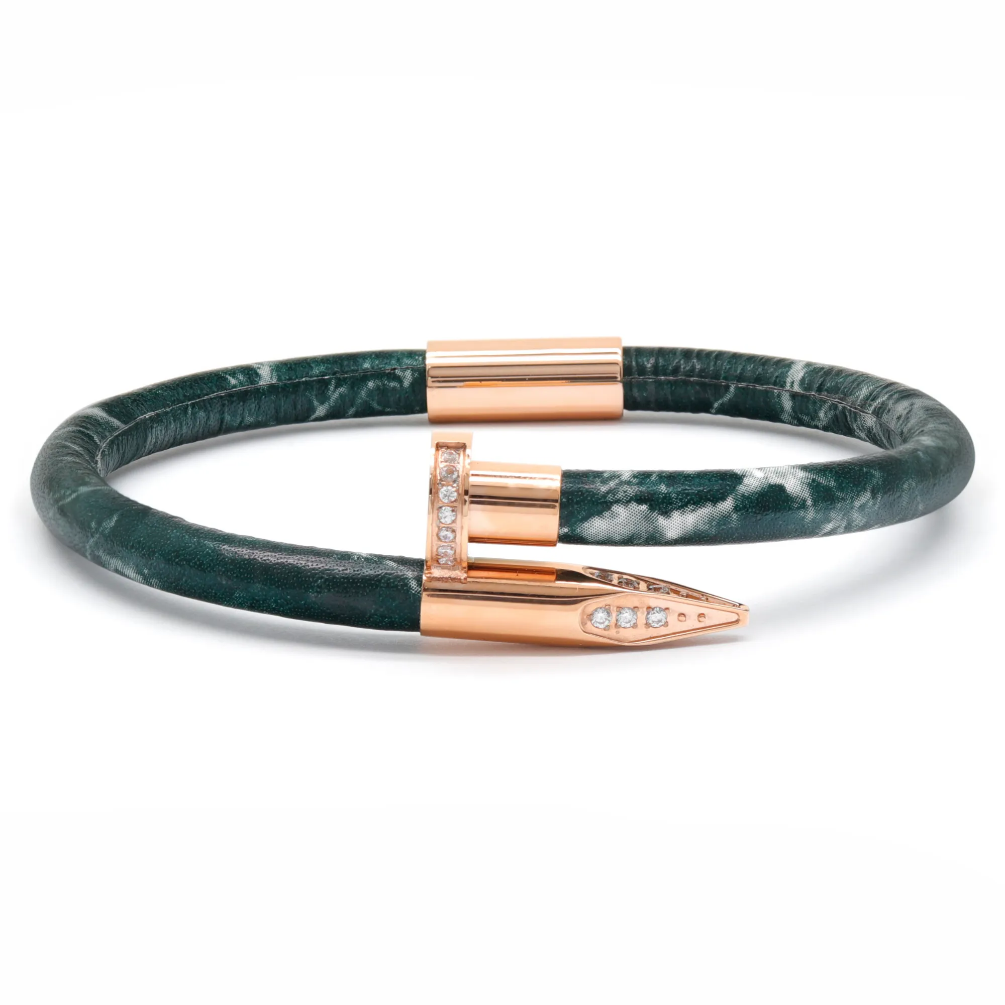 Bracelet Rose Gold Nail with Zircon - Green Leather