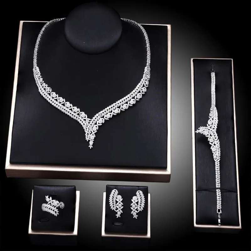 Brilliant Cubic Zircon 4Pcs Necklace Earrings Ring and Bracelet Jewelry Sets