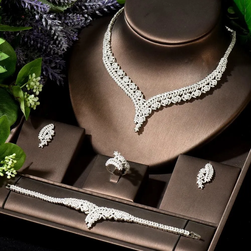 Brilliant Cubic Zircon 4Pcs Necklace Earrings Ring and Bracelet Jewelry Sets