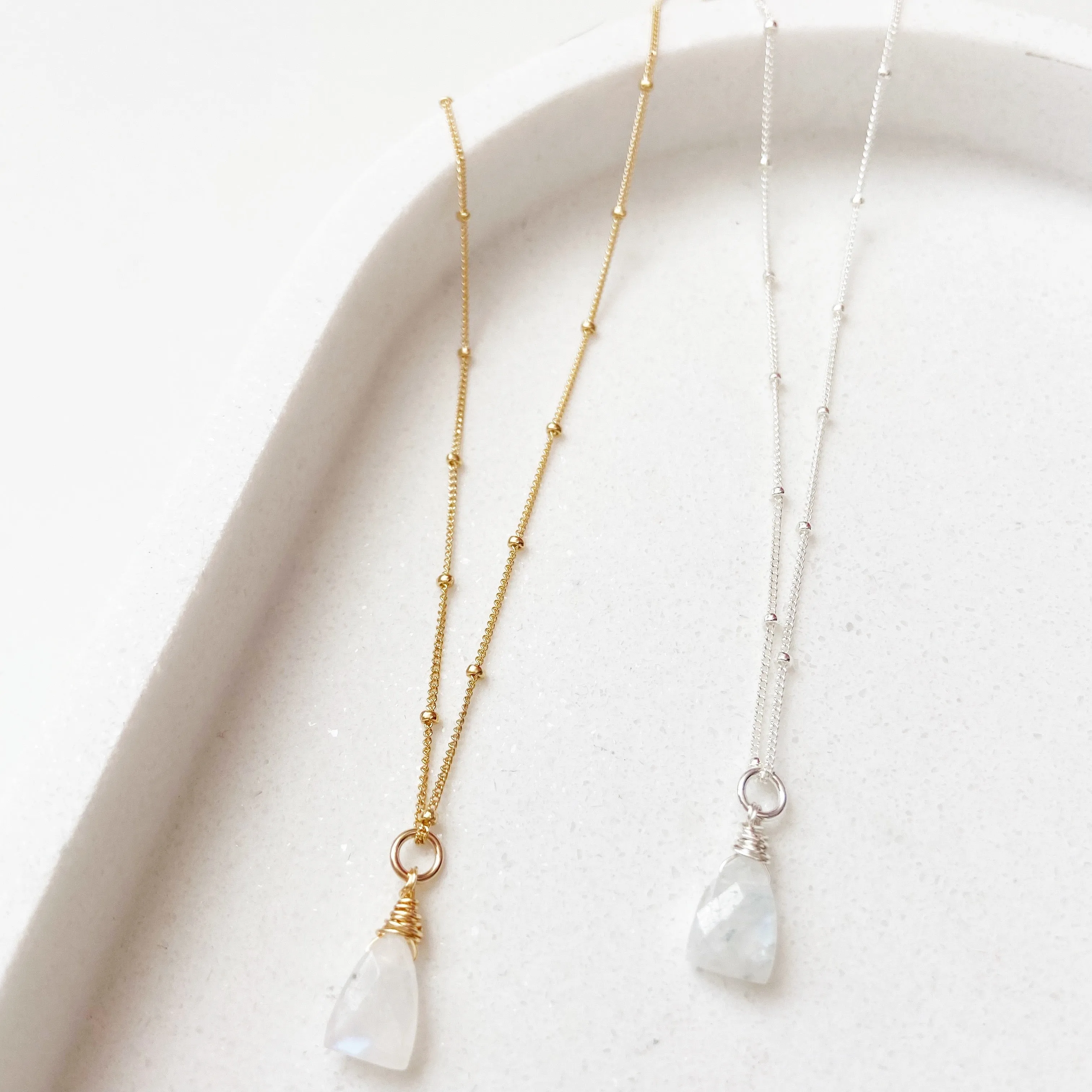 Briolette Wrapped Moonstone Solitaire Mid Length Charm Necklace in Gold, Silver, or Rose Gold (18 inches)