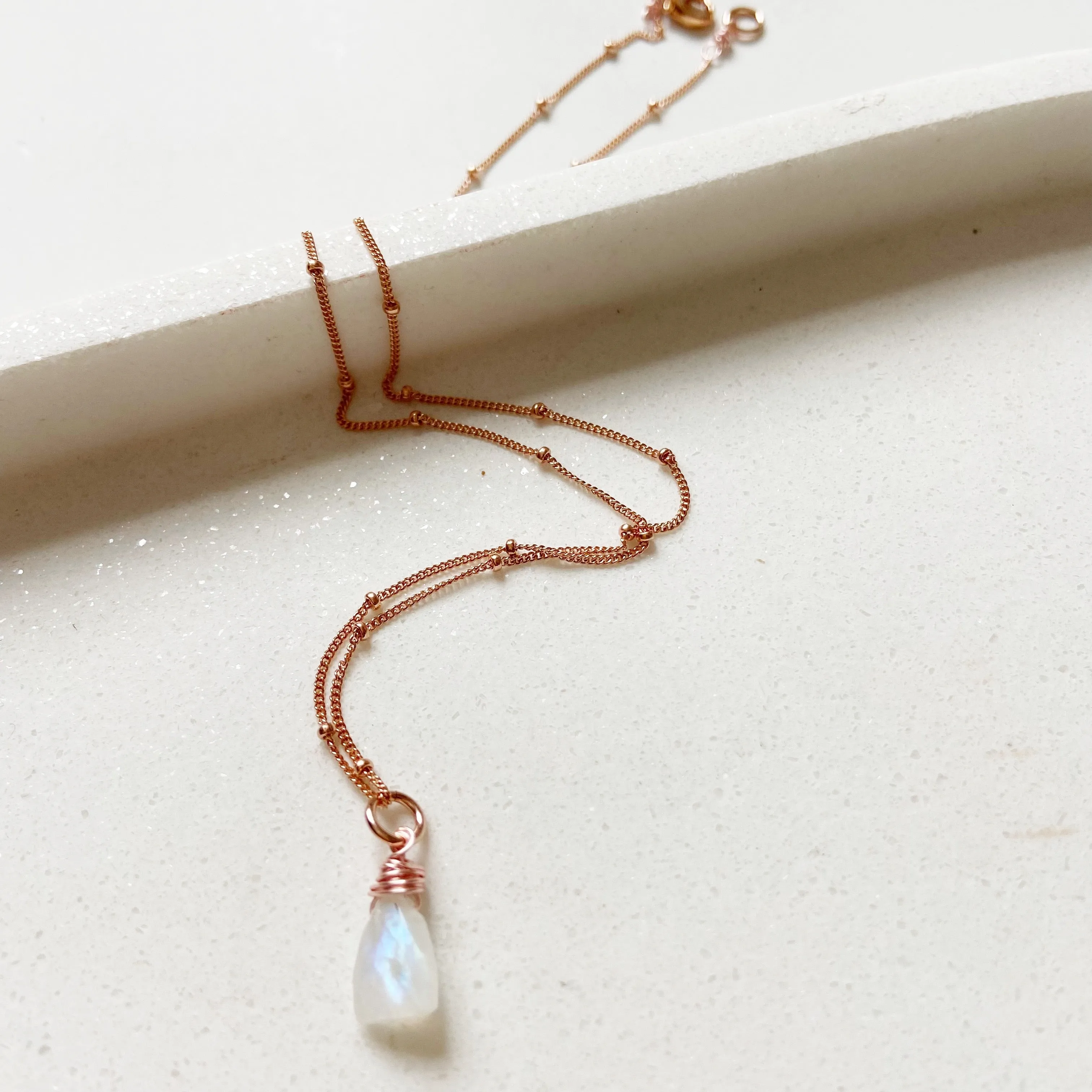 Briolette Wrapped Moonstone Solitaire Mid Length Charm Necklace in Gold, Silver, or Rose Gold (18 inches)