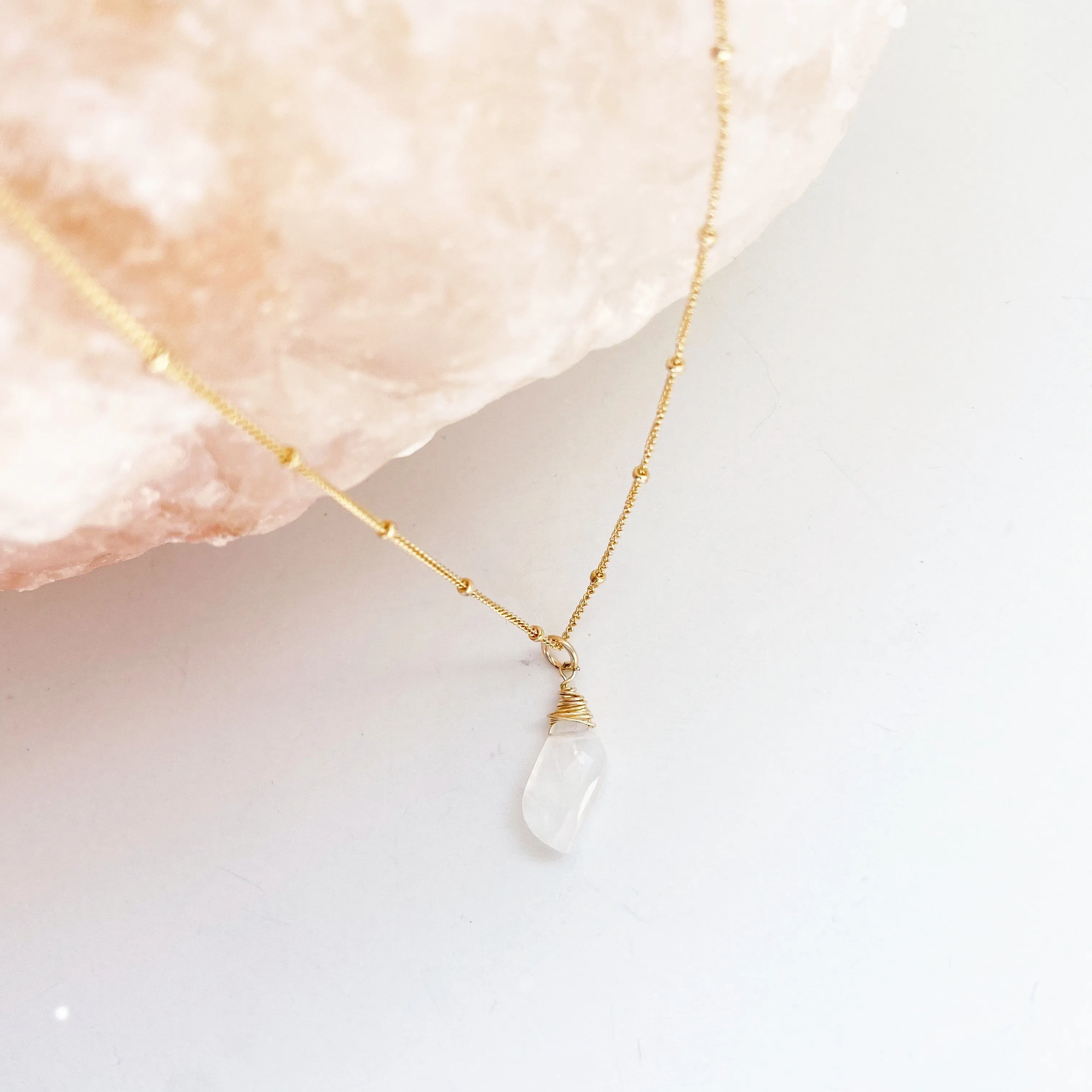 Briolette Wrapped Moonstone Solitaire Mid Length Charm Necklace in Gold, Silver, or Rose Gold (18 inches)