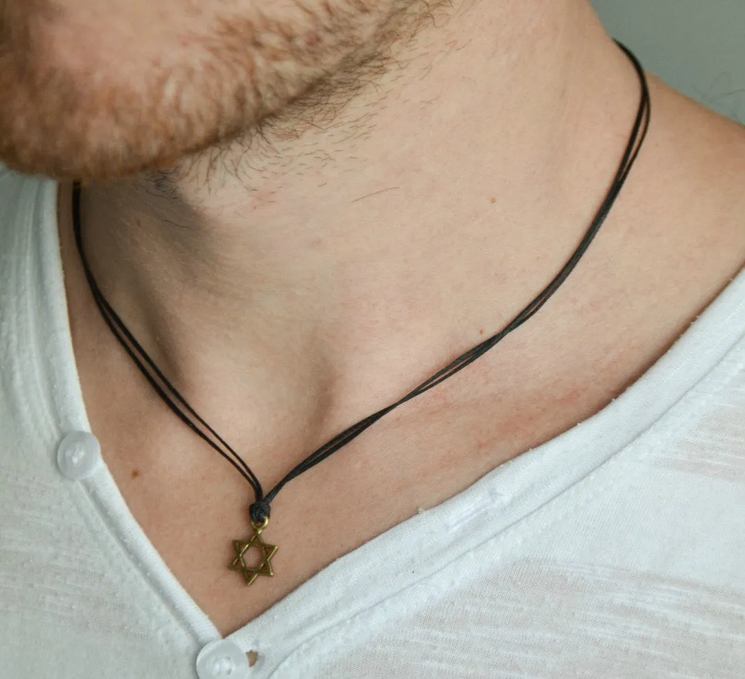 Bronze Star of David necklace for men, black cord