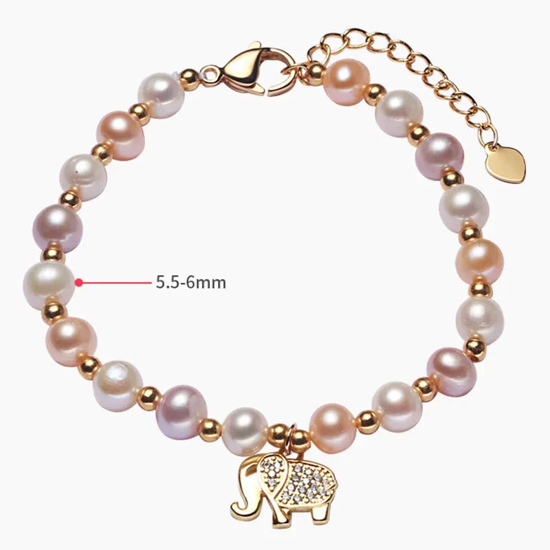 Buddha Stones 18K Gold Plated Pearl Elephant Zircon Charm Sincerity Bracelet