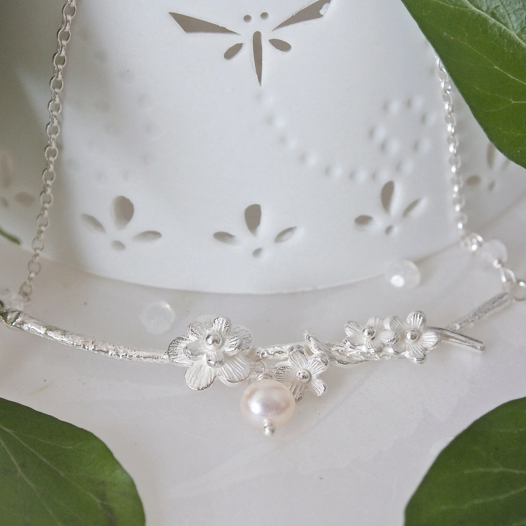 Cherry Blossom Necklace, Silver, Pearl and Moonstone Bridal Necklace