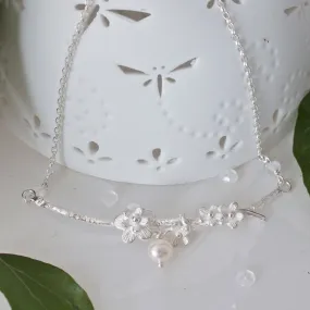 Cherry Blossom Necklace, Silver, Pearl and Moonstone Bridal Necklace