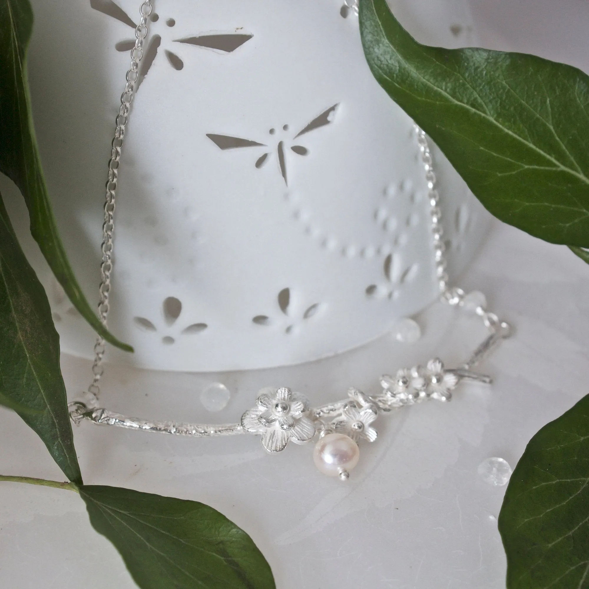 Cherry Blossom Necklace, Silver, Pearl and Moonstone Bridal Necklace