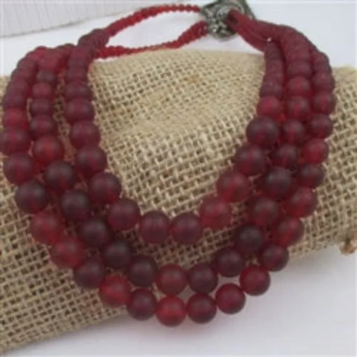 Classic Ruby Red Sea Glass Triple Strand Beaded Necklace