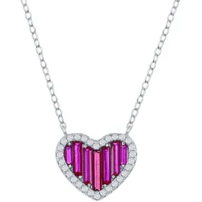 Classic Women's Necklace - Sterling Ruby Round and White Baguette CZ Heart | M-6780