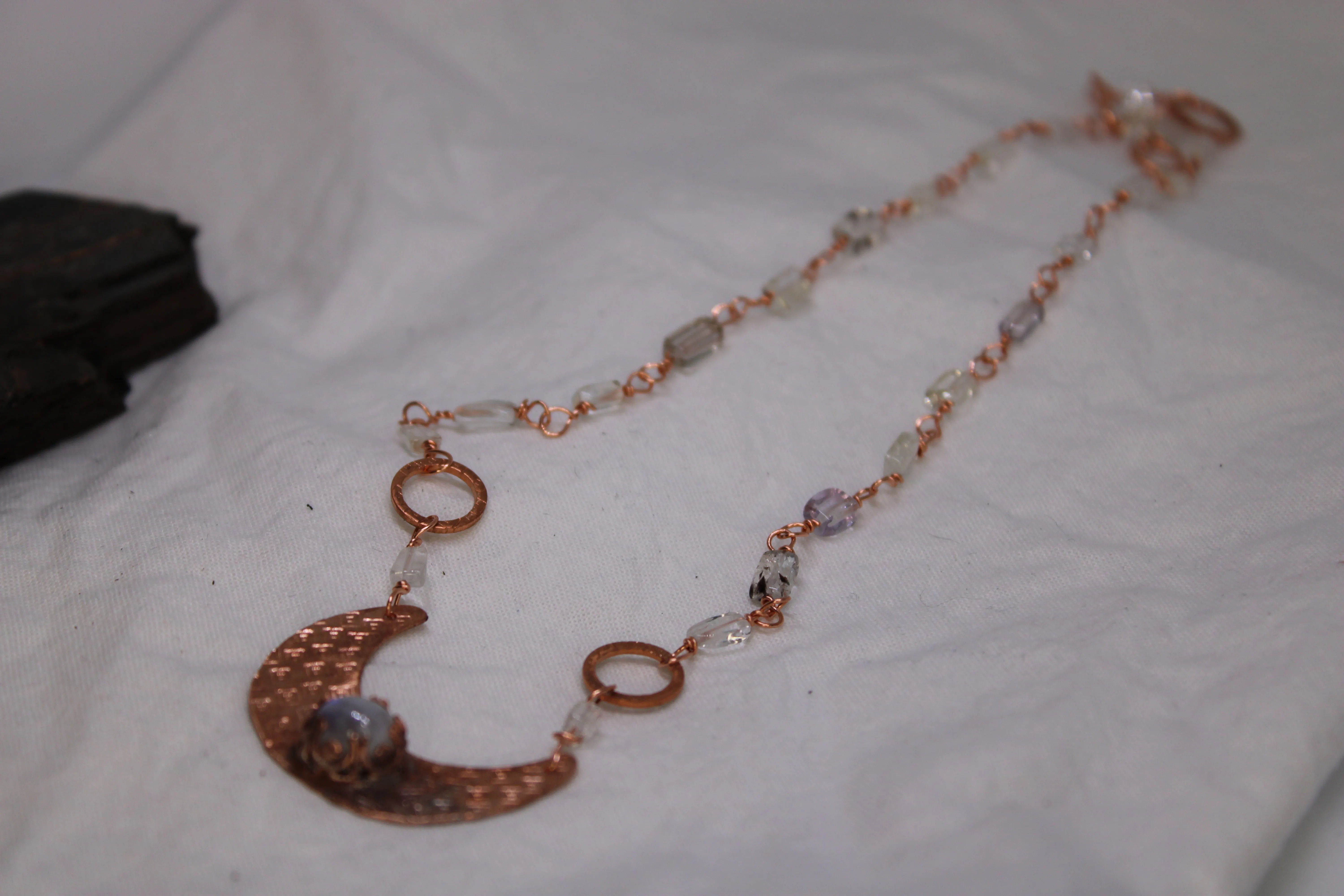 Crescent Moonstone Necklace with Aquamarine bead chain