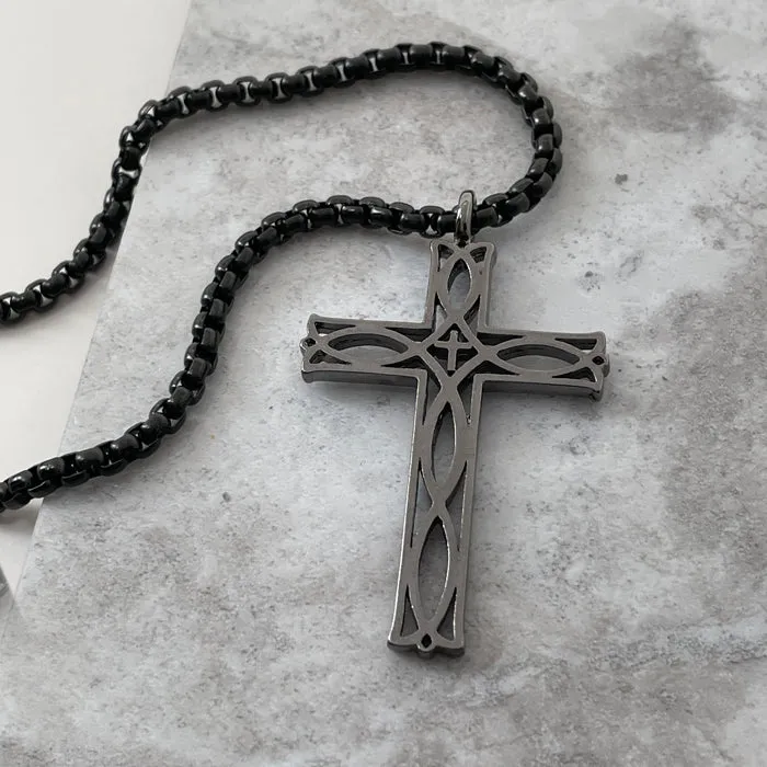 Cross Ichthus Fish Dark Metal Finish Pendant Dark Finish Heavy Chain Necklace