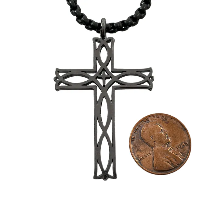 Cross Ichthus Fish Dark Metal Finish Pendant Dark Finish Heavy Chain Necklace