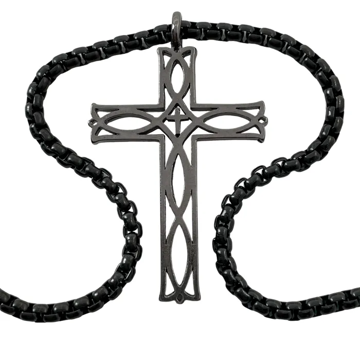 Cross Ichthus Fish Dark Metal Finish Pendant Dark Finish Heavy Chain Necklace