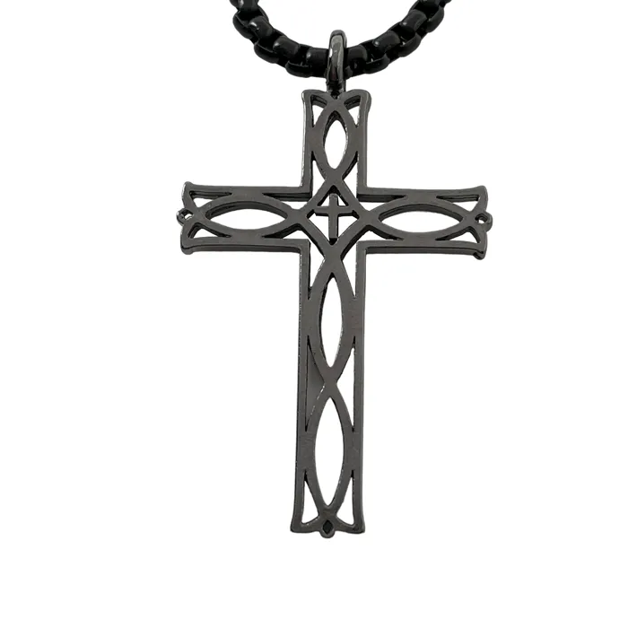 Cross Ichthus Fish Dark Metal Finish Pendant Dark Finish Heavy Chain Necklace