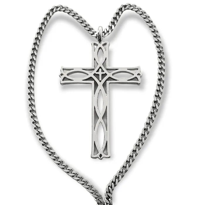 Cross Ichthus Fish Rhodium Metal Finish Pendant Curb Chain Necklace