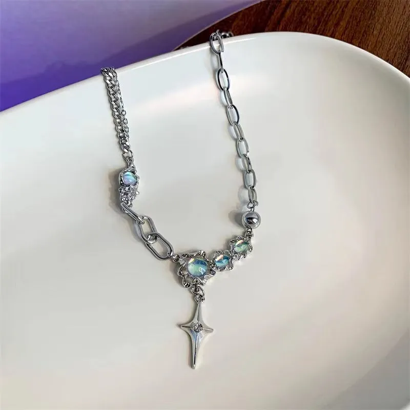 Cross Moonstone Necklace Trendy Cool Hot Girl Clavicle Chain Women's T-shirt Chain Accessories