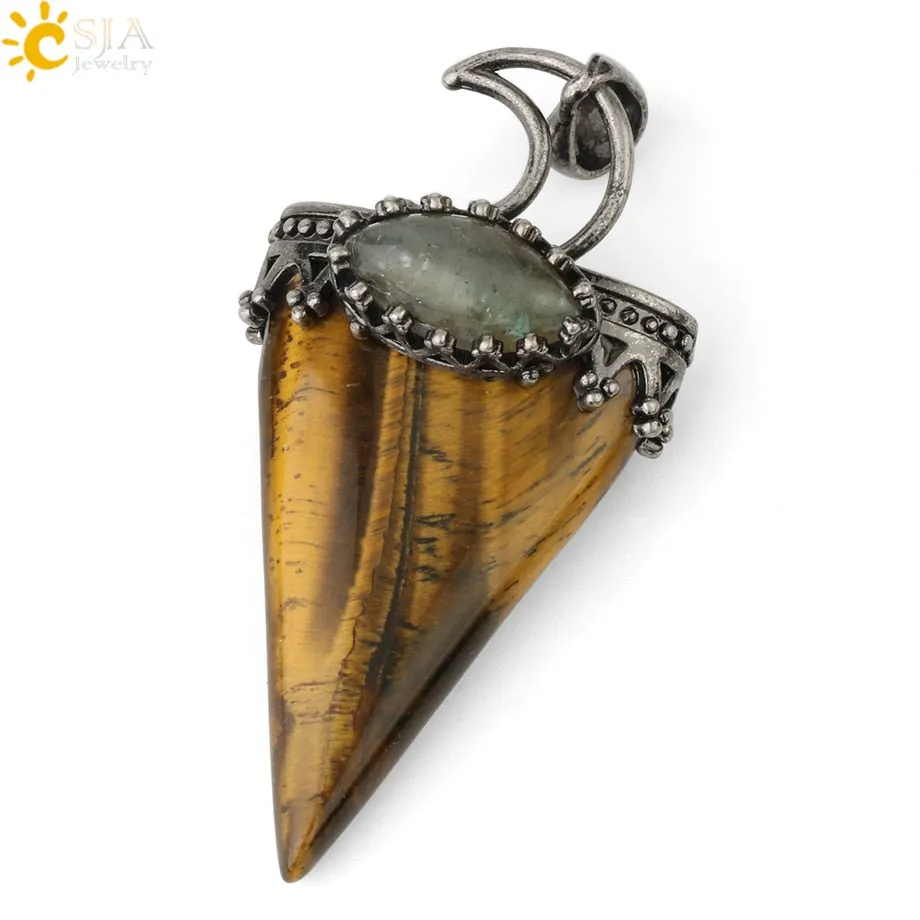 CSJA Natural Stone Triangle Pendant Necklace Antique Silver-color Crown Moon Labradorite Geometric Women Men Trendy Jewelry G324