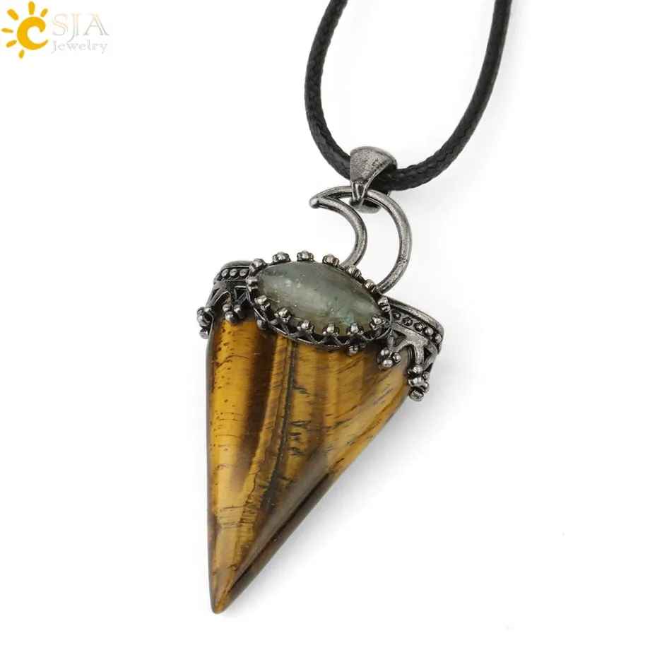 CSJA Natural Stone Triangle Pendant Necklace Antique Silver-color Crown Moon Labradorite Geometric Women Men Trendy Jewelry G324