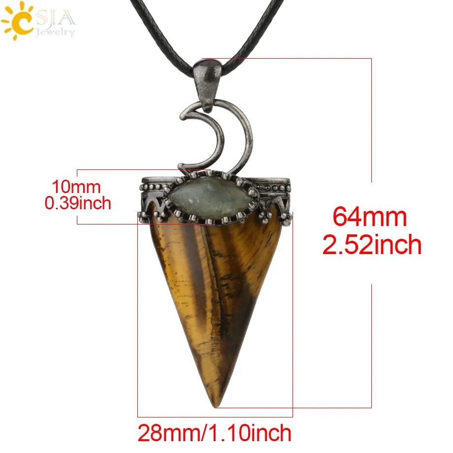 CSJA Natural Stone Triangle Pendant Necklace Antique Silver-color Crown Moon Labradorite Geometric Women Men Trendy Jewelry G324