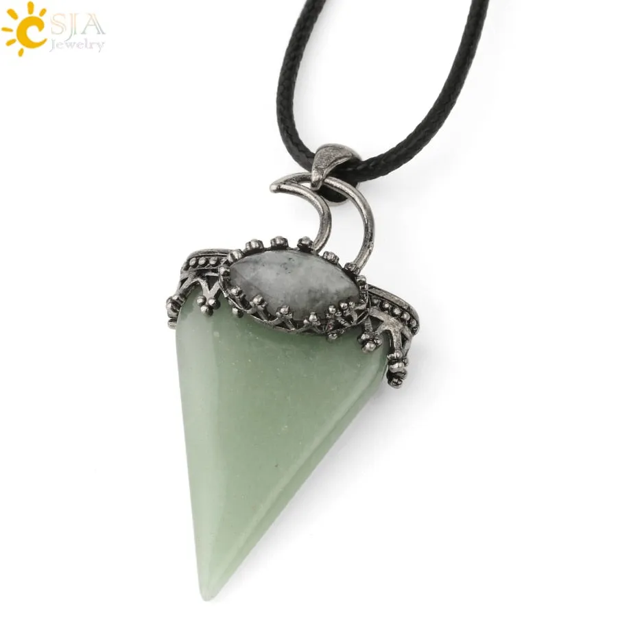 CSJA Natural Stone Triangle Pendant Necklace Antique Silver-color Crown Moon Labradorite Geometric Women Men Trendy Jewelry G324