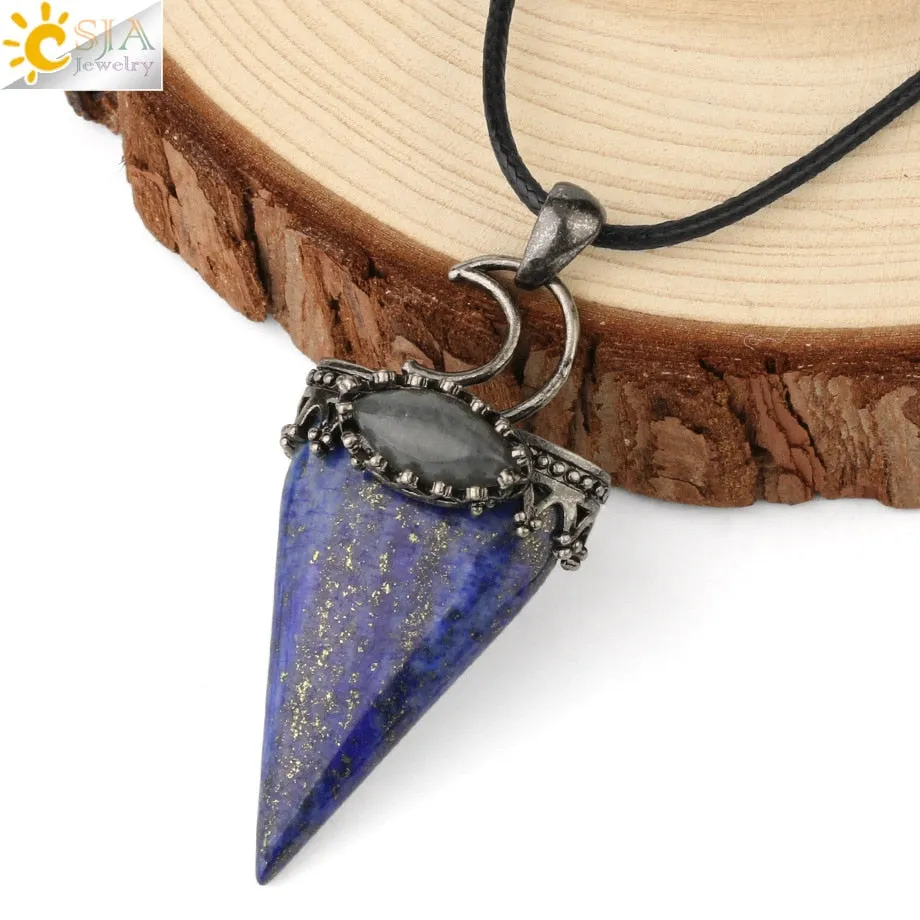 CSJA Natural Stone Triangle Pendant Necklace Antique Silver-color Crown Moon Labradorite Geometric Women Men Trendy Jewelry G324