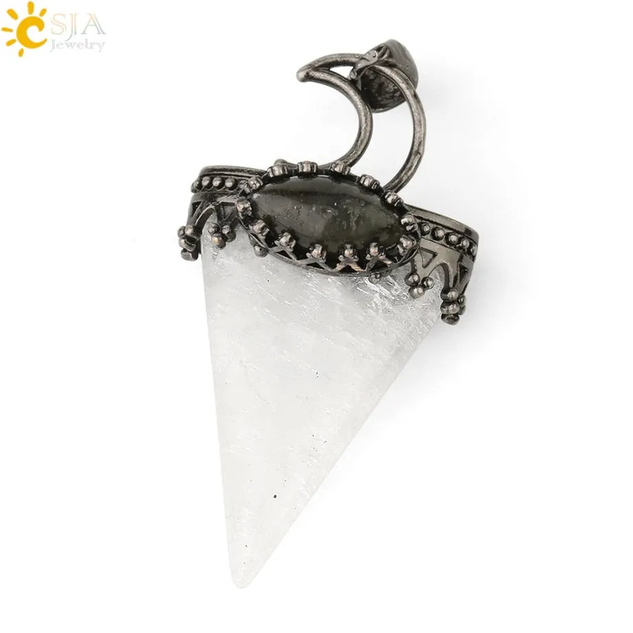 CSJA Natural Stone Triangle Pendant Necklace Antique Silver-color Crown Moon Labradorite Geometric Women Men Trendy Jewelry G324