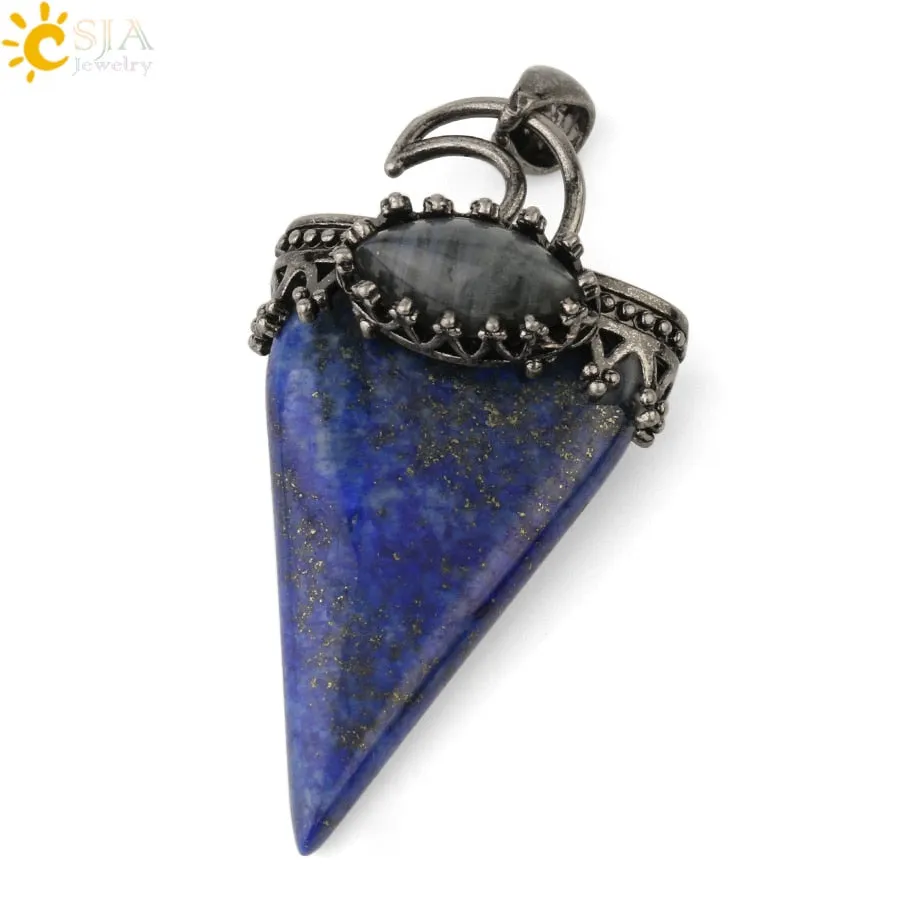 CSJA Natural Stone Triangle Pendant Necklace Antique Silver-color Crown Moon Labradorite Geometric Women Men Trendy Jewelry G324