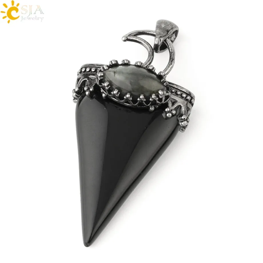 CSJA Natural Stone Triangle Pendant Necklace Antique Silver-color Crown Moon Labradorite Geometric Women Men Trendy Jewelry G324