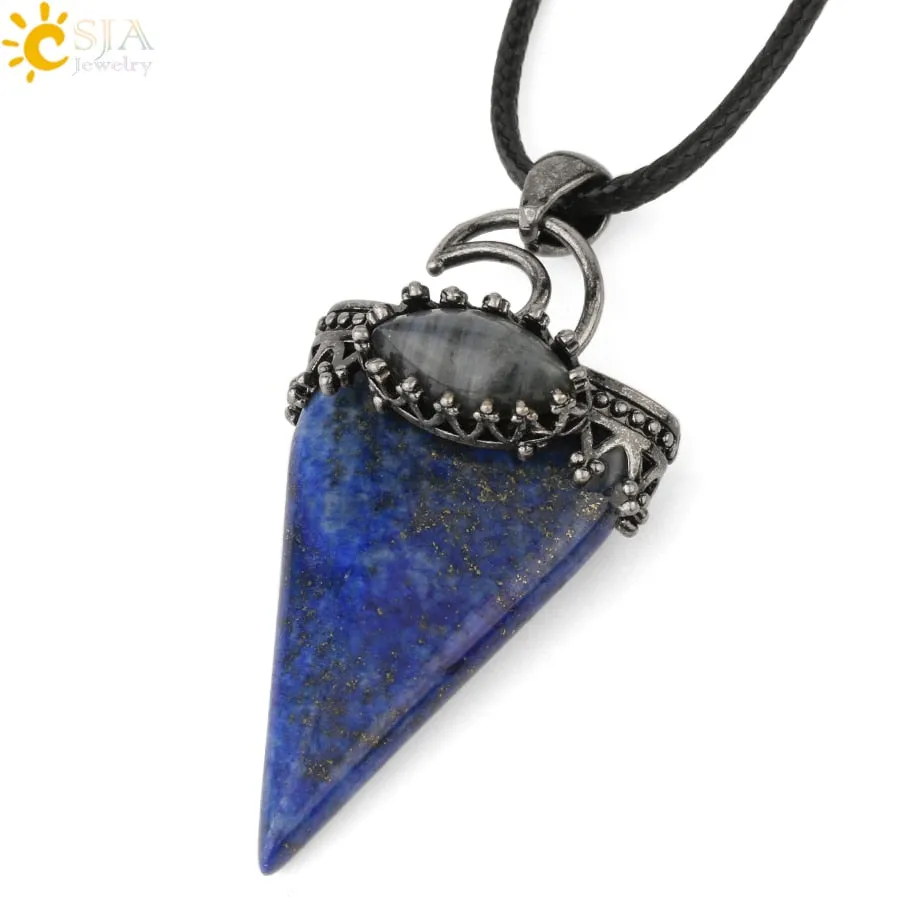 CSJA Natural Stone Triangle Pendant Necklace Antique Silver-color Crown Moon Labradorite Geometric Women Men Trendy Jewelry G324