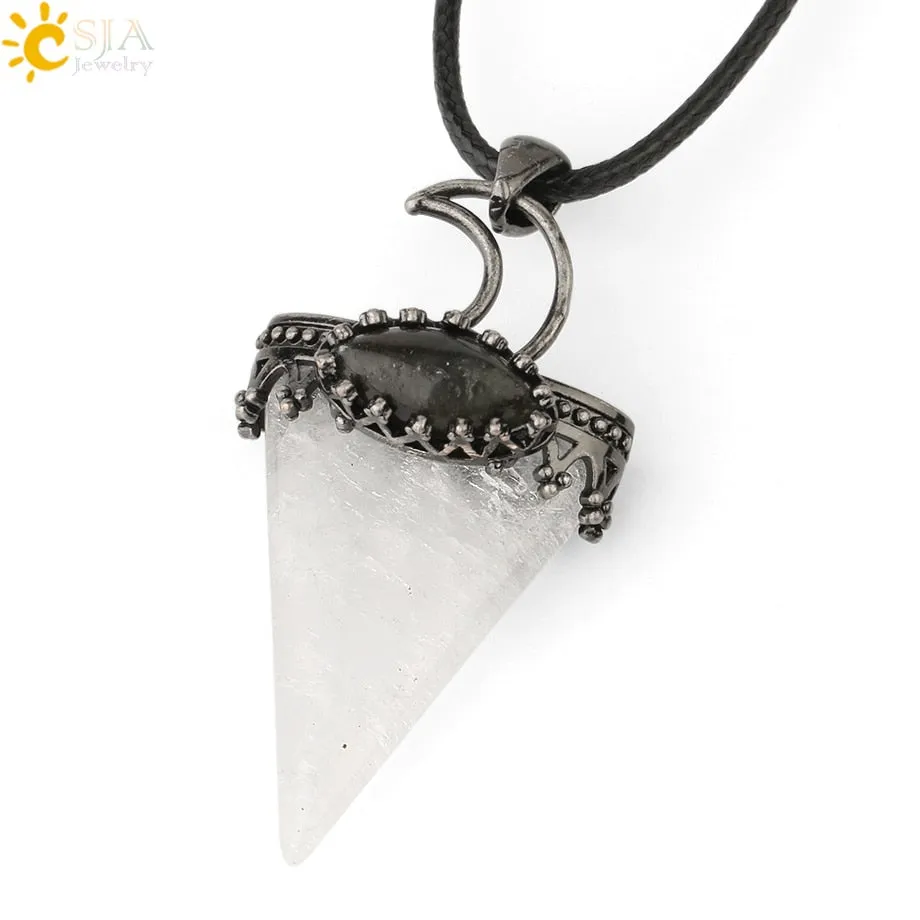 CSJA Natural Stone Triangle Pendant Necklace Antique Silver-color Crown Moon Labradorite Geometric Women Men Trendy Jewelry G324