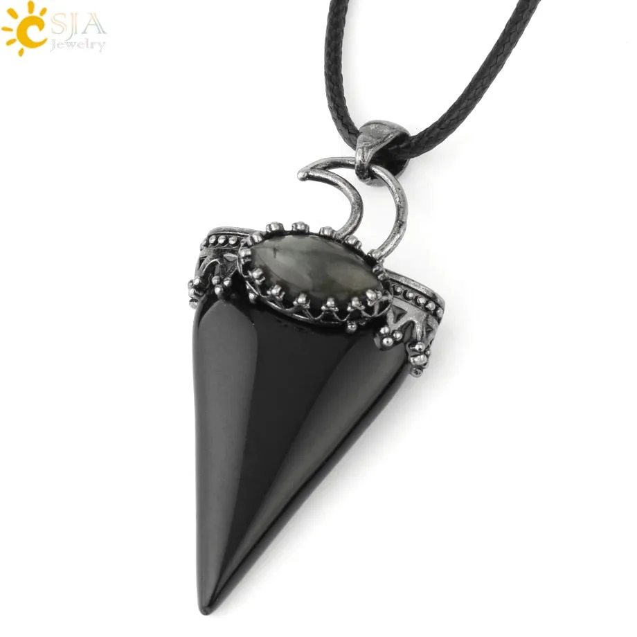 CSJA Natural Stone Triangle Pendant Necklace Antique Silver-color Crown Moon Labradorite Geometric Women Men Trendy Jewelry G324