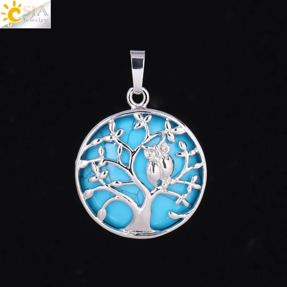 CSJA Tree of Life Pendant Necklace Natural Stone Flat Bead Owl on Trees Crystal Beads Pendants Handmade Reiki Charm Jewelry F337