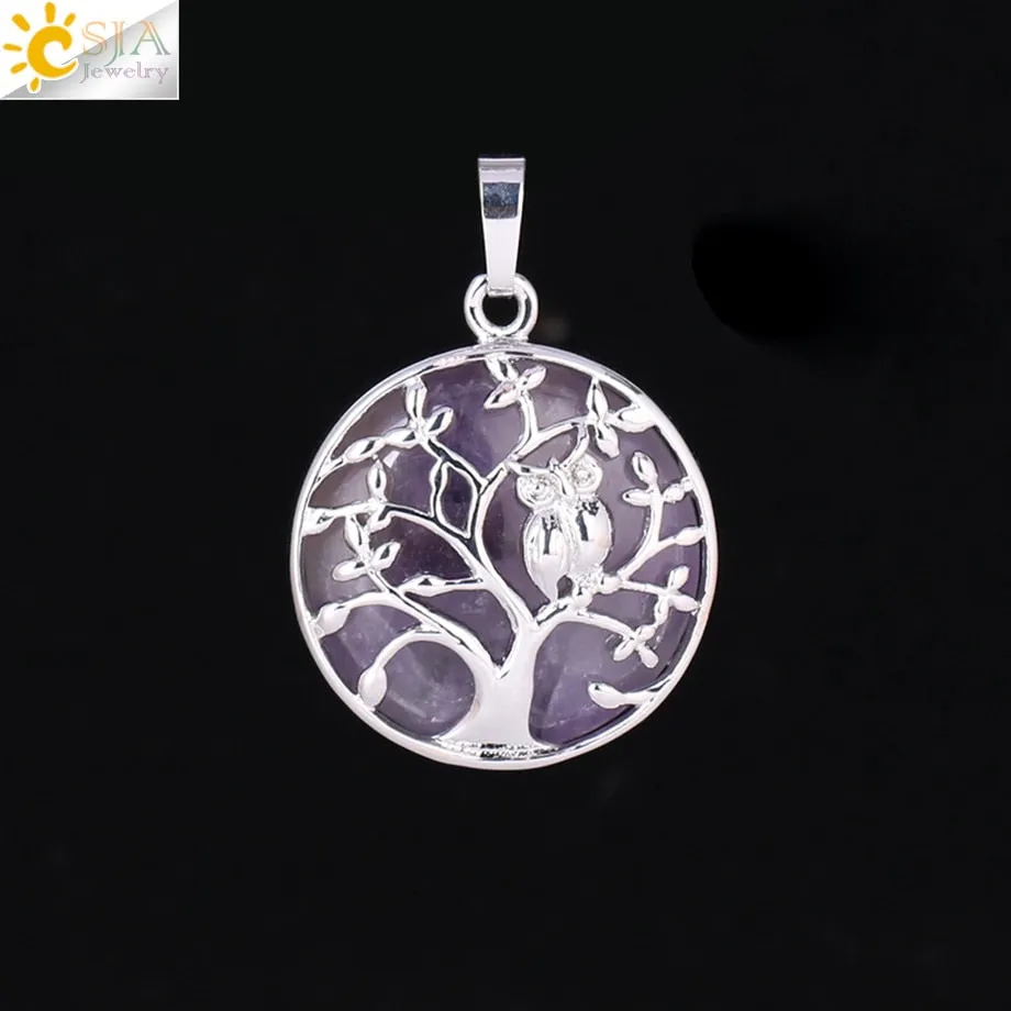 CSJA Tree of Life Pendant Necklace Natural Stone Flat Bead Owl on Trees Crystal Beads Pendants Handmade Reiki Charm Jewelry F337