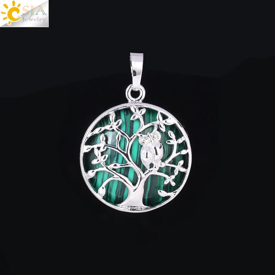 CSJA Tree of Life Pendant Necklace Natural Stone Flat Bead Owl on Trees Crystal Beads Pendants Handmade Reiki Charm Jewelry F337