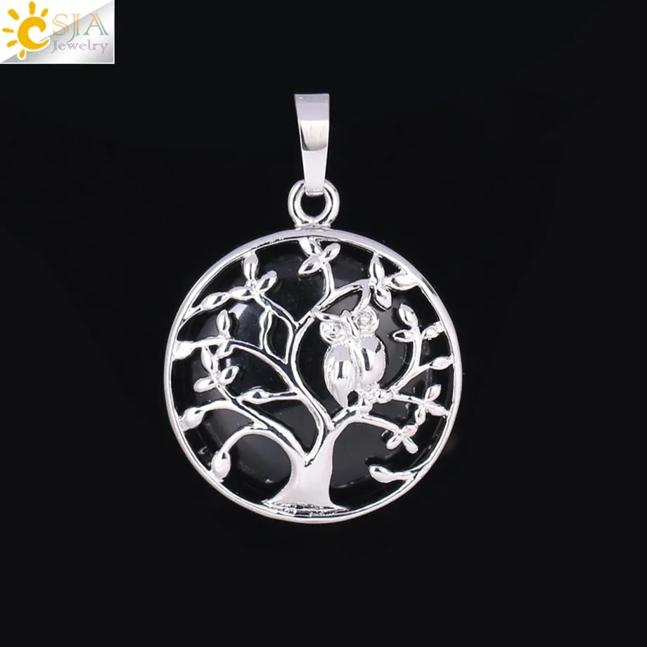 CSJA Tree of Life Pendant Necklace Natural Stone Flat Bead Owl on Trees Crystal Beads Pendants Handmade Reiki Charm Jewelry F337