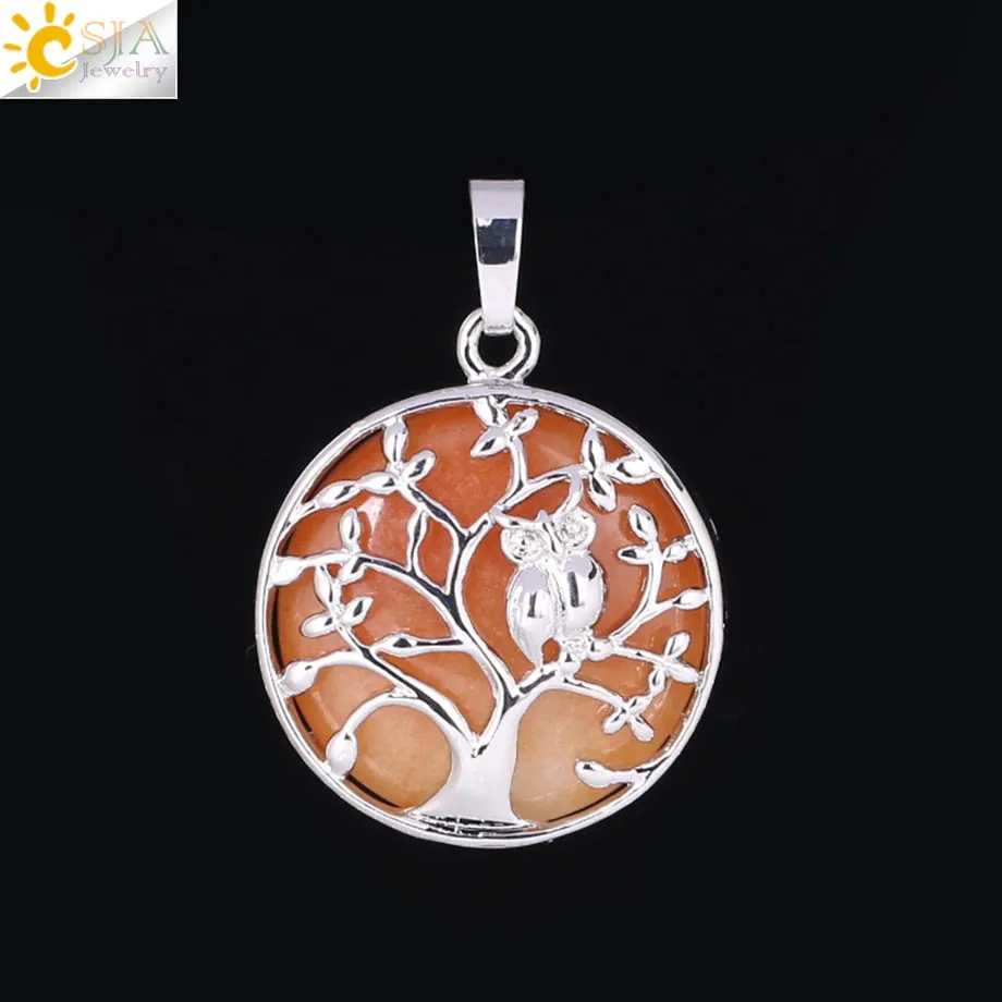 CSJA Tree of Life Pendant Necklace Natural Stone Flat Bead Owl on Trees Crystal Beads Pendants Handmade Reiki Charm Jewelry F337