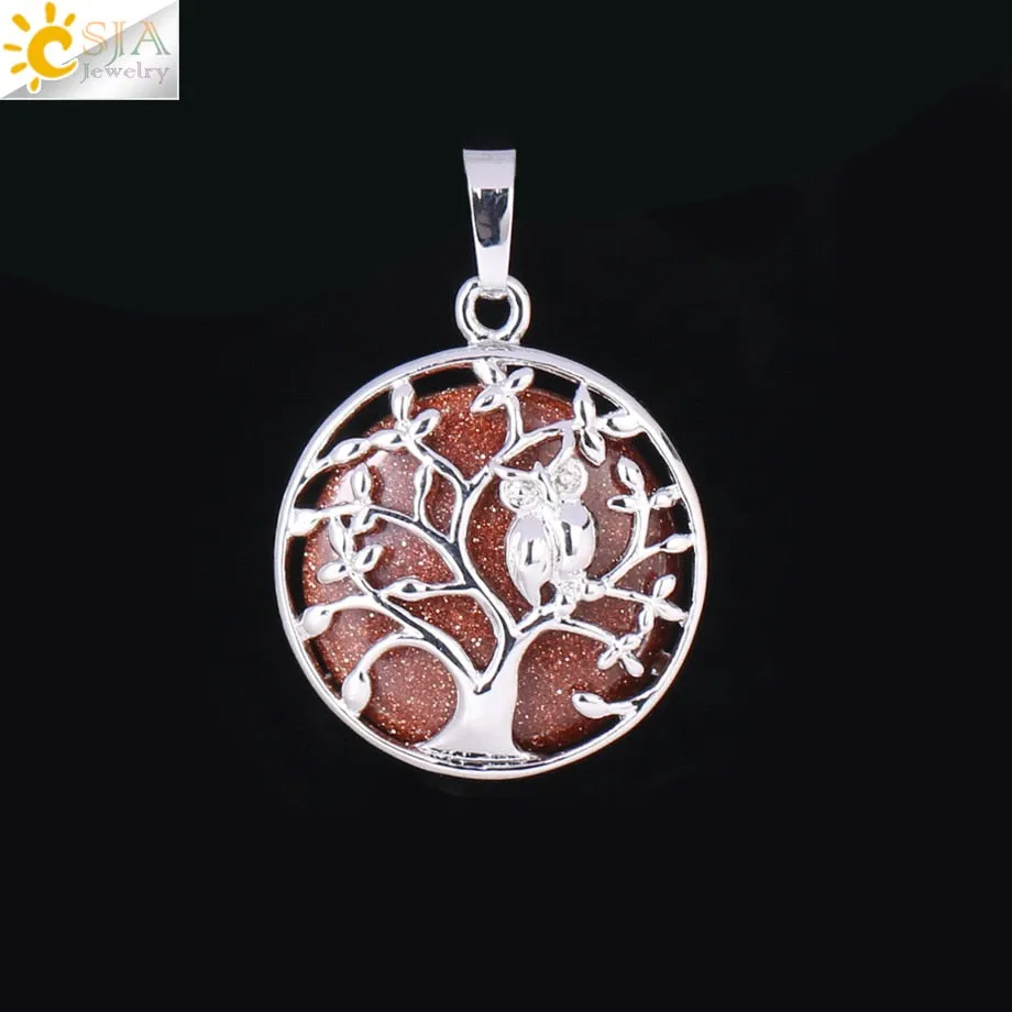 CSJA Tree of Life Pendant Necklace Natural Stone Flat Bead Owl on Trees Crystal Beads Pendants Handmade Reiki Charm Jewelry F337