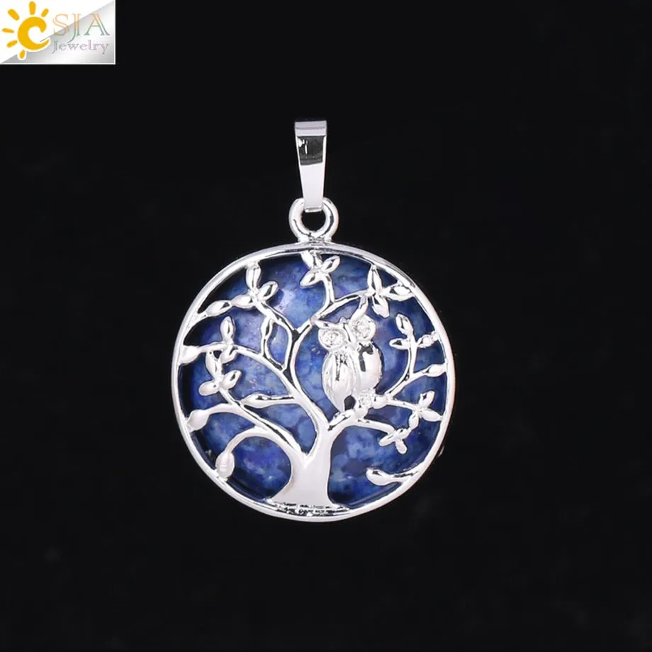 CSJA Tree of Life Pendant Necklace Natural Stone Flat Bead Owl on Trees Crystal Beads Pendants Handmade Reiki Charm Jewelry F337