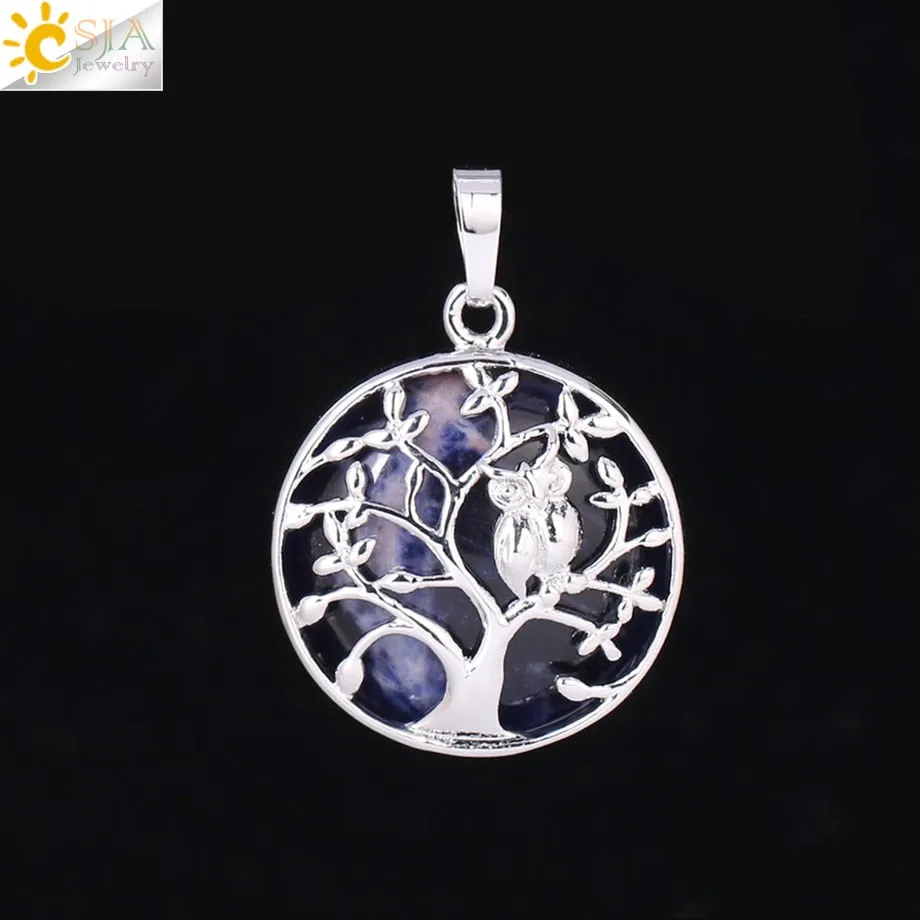 CSJA Tree of Life Pendant Necklace Natural Stone Flat Bead Owl on Trees Crystal Beads Pendants Handmade Reiki Charm Jewelry F337