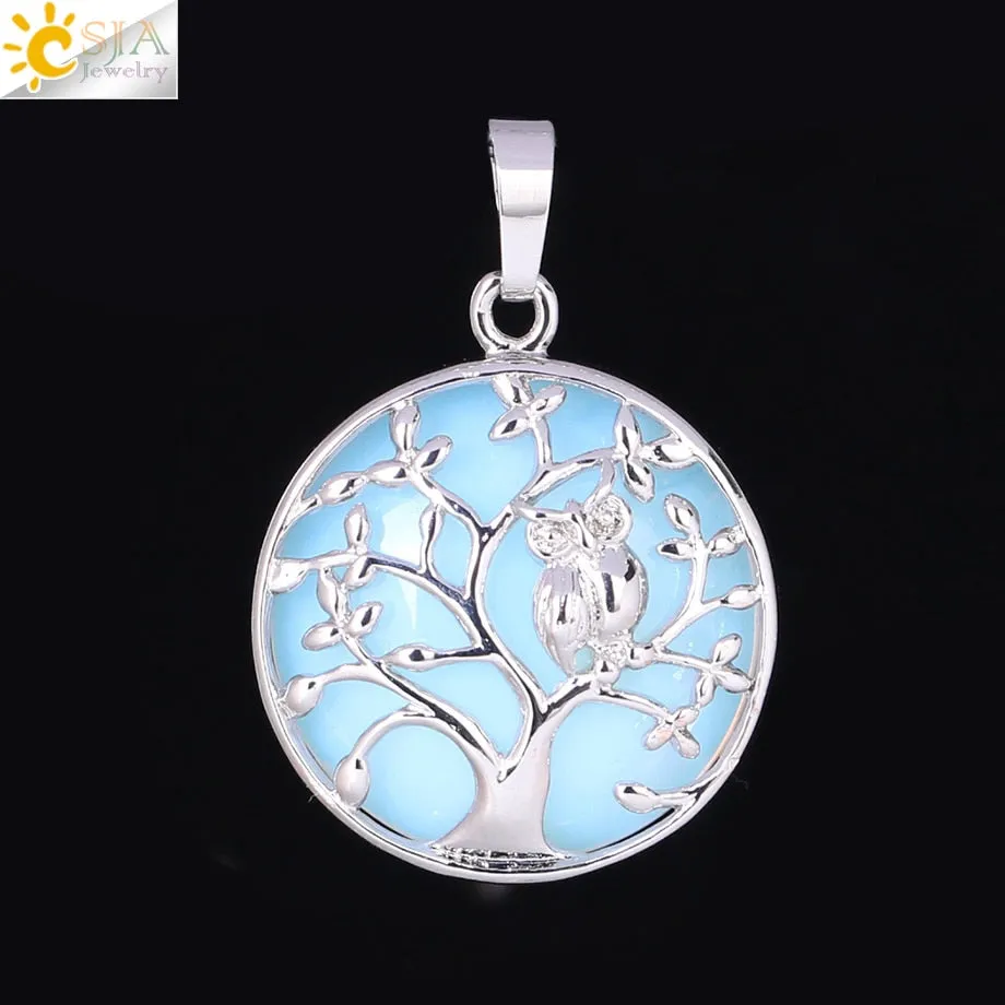 CSJA Tree of Life Pendant Necklace Natural Stone Flat Bead Owl on Trees Crystal Beads Pendants Handmade Reiki Charm Jewelry F337