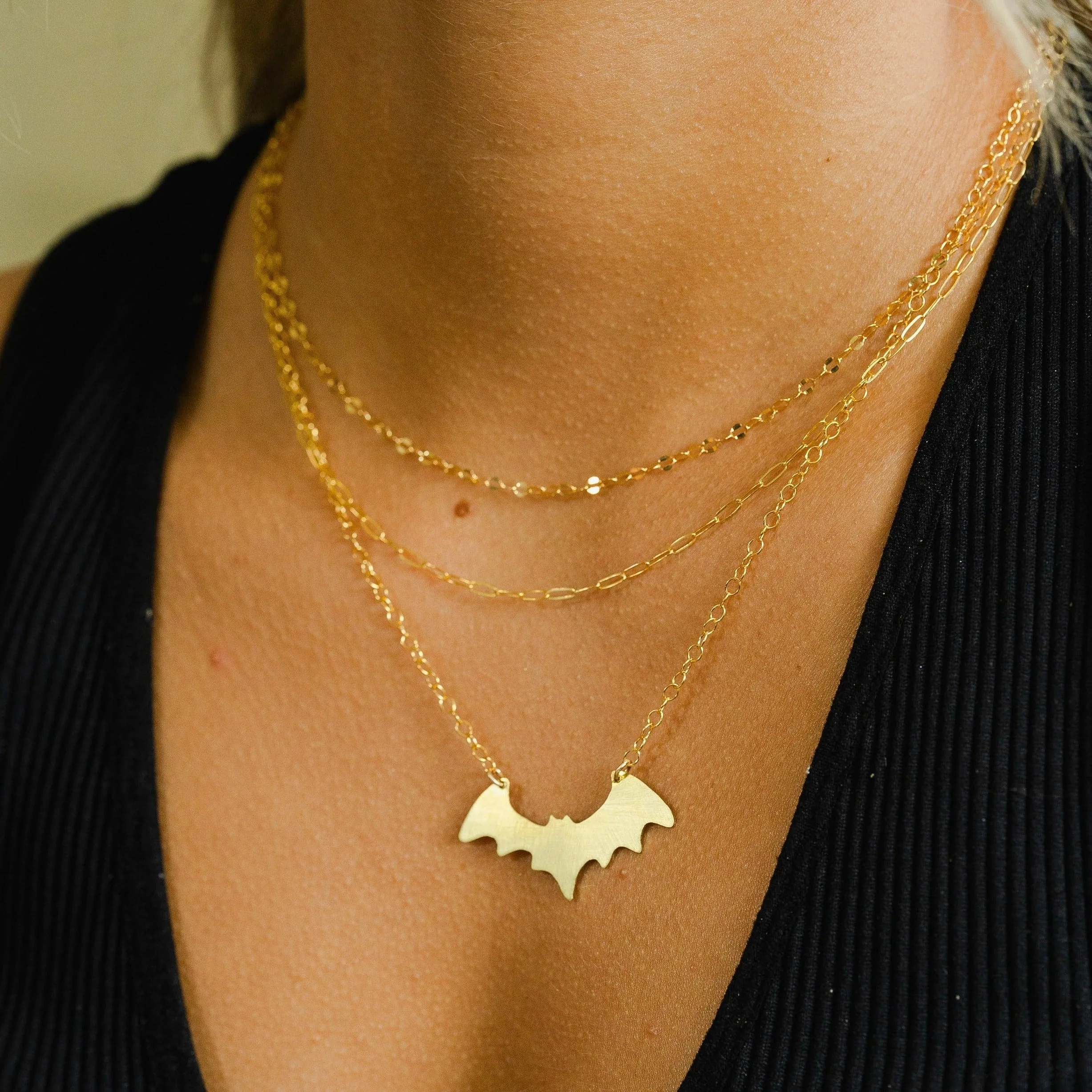 Dainty Bat Layering Necklace in Brass or Sterling Silver: Halloween Jewelry