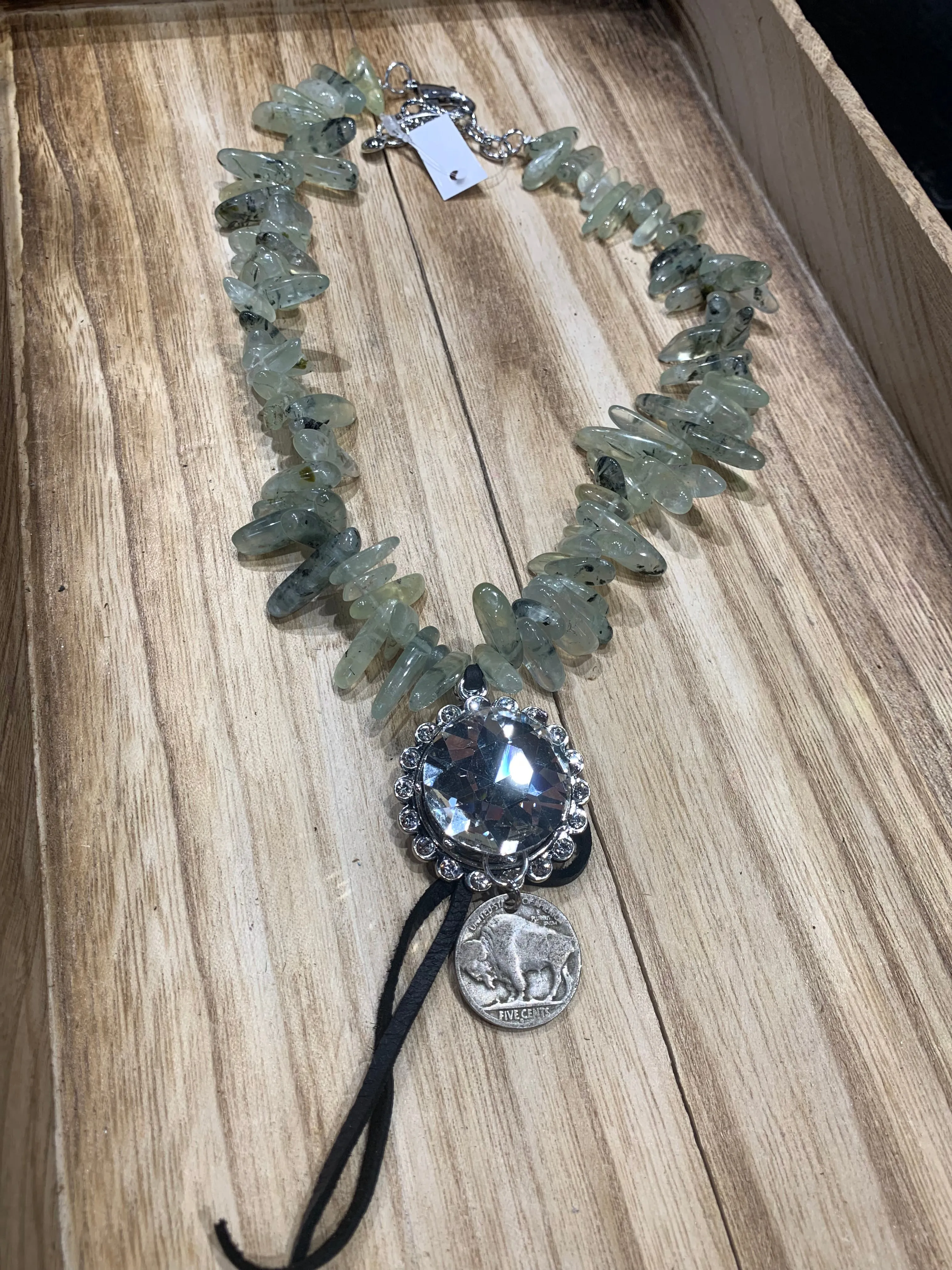 Dakota Clear Crystal Chunky Stone Buffalo Nickel Necklace - Green Mix