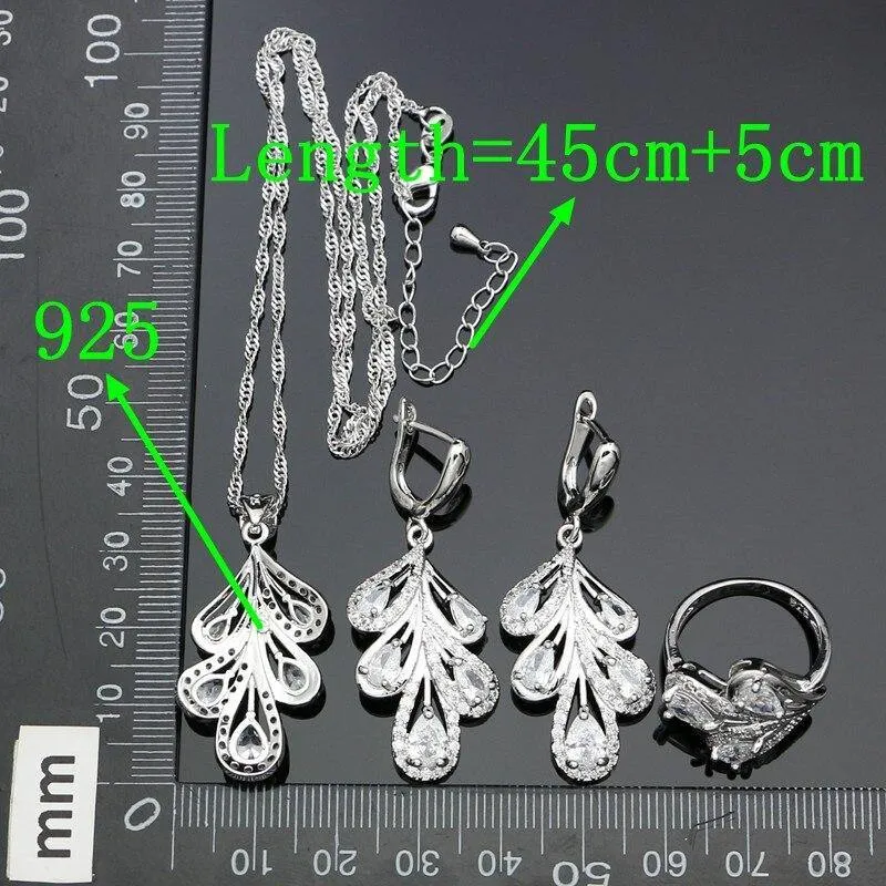 Desirable 925 Silver AAAA  Quality White Cubic Zirconia Crystal Feather Earrings Pendant Necklace Ring Bracelet  Bridal Jewelry Set