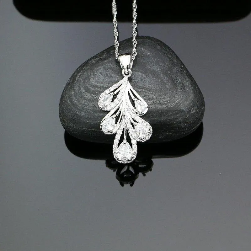 Desirable 925 Silver AAAA  Quality White Cubic Zirconia Crystal Feather Earrings Pendant Necklace Ring Bracelet  Bridal Jewelry Set