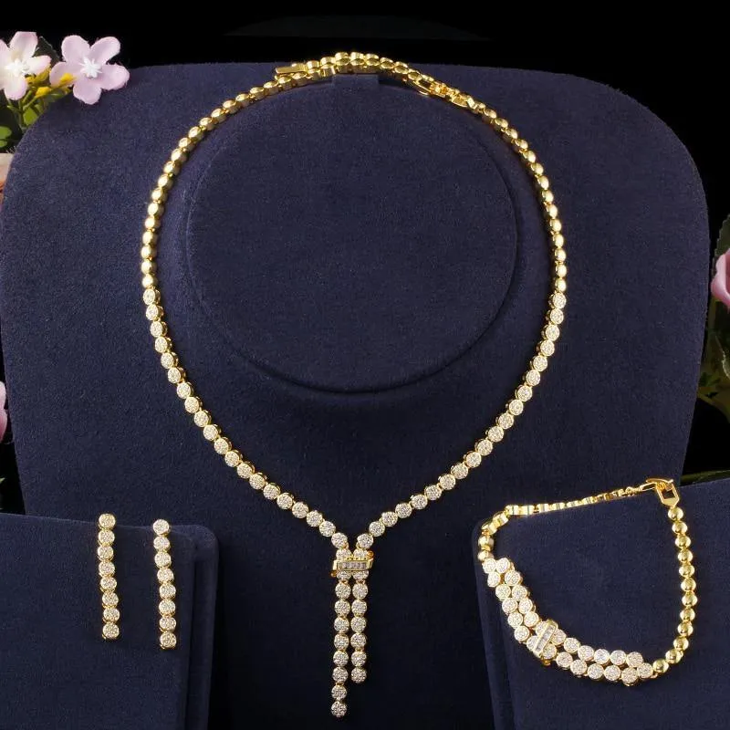 Desirable AAA  Zircons CZ Tassel Drop Bridal Wedding Necklace Earrings Bracelet  Jewelry Set