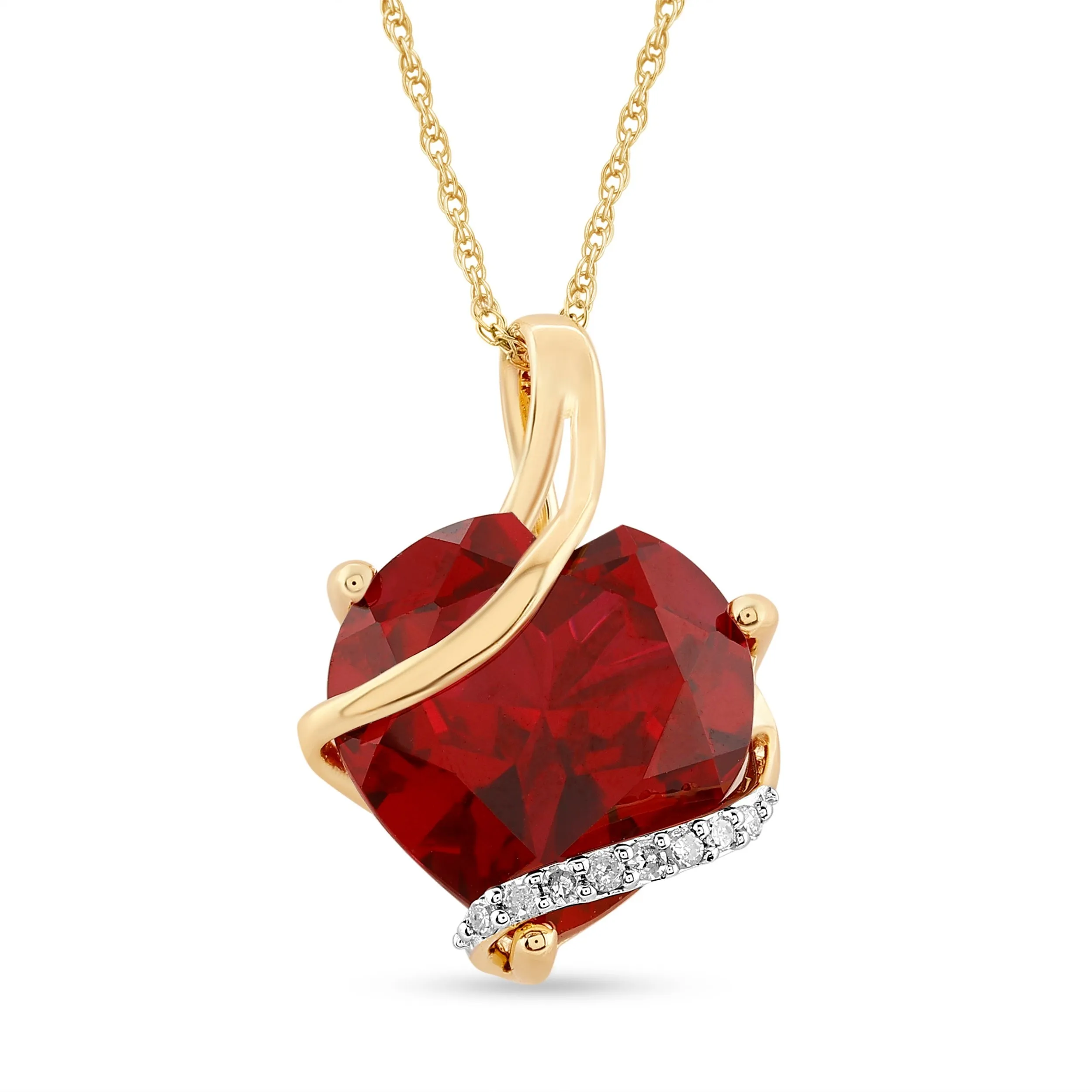 Diamond Set Heart Necklace with Created Ruby in 9ct Yellow Gold