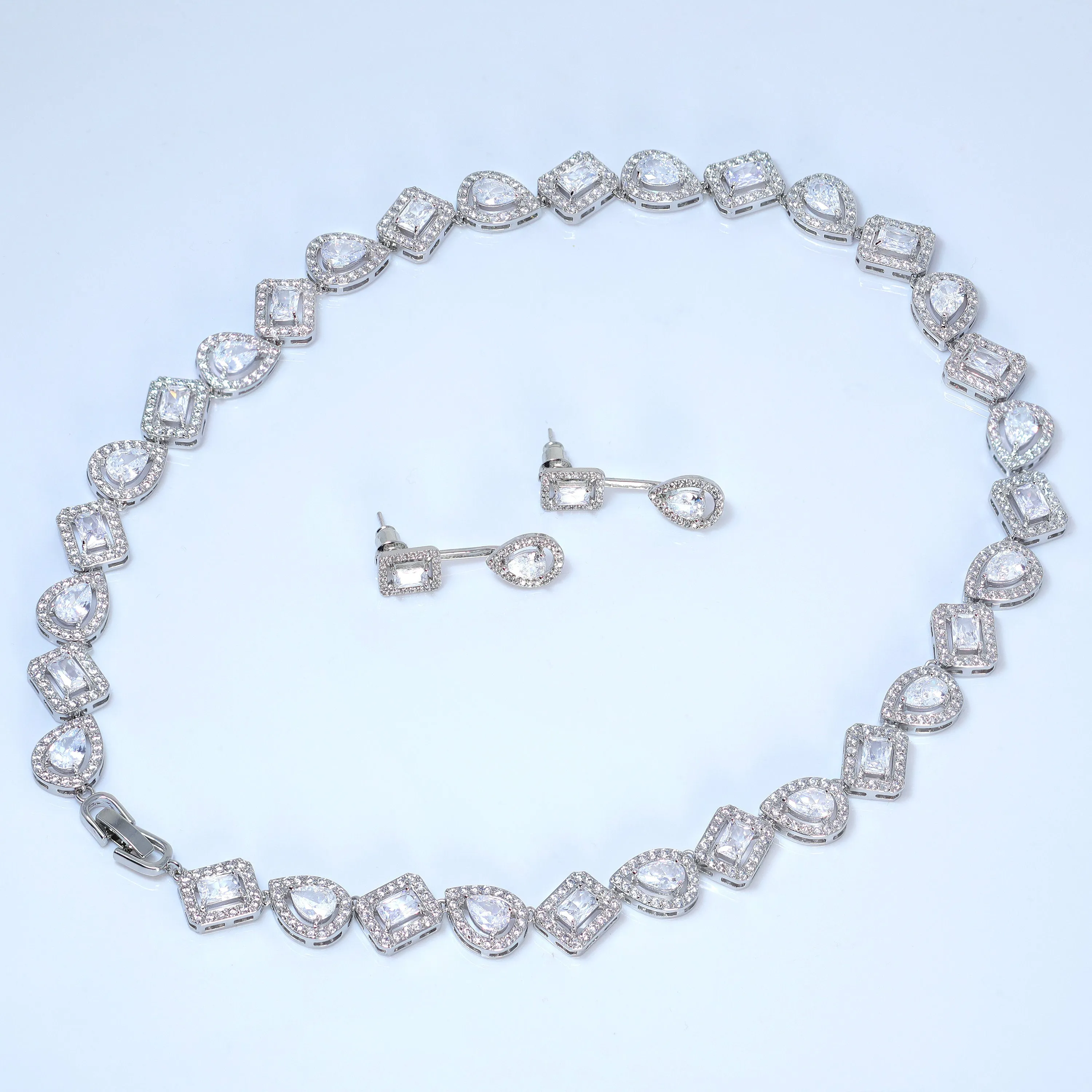 Diamond/ Swarovski Crystal Elegant pear round and princess cut Necklace Set, Long Bridal Jewelry Set, Crystal Bridal Earrings