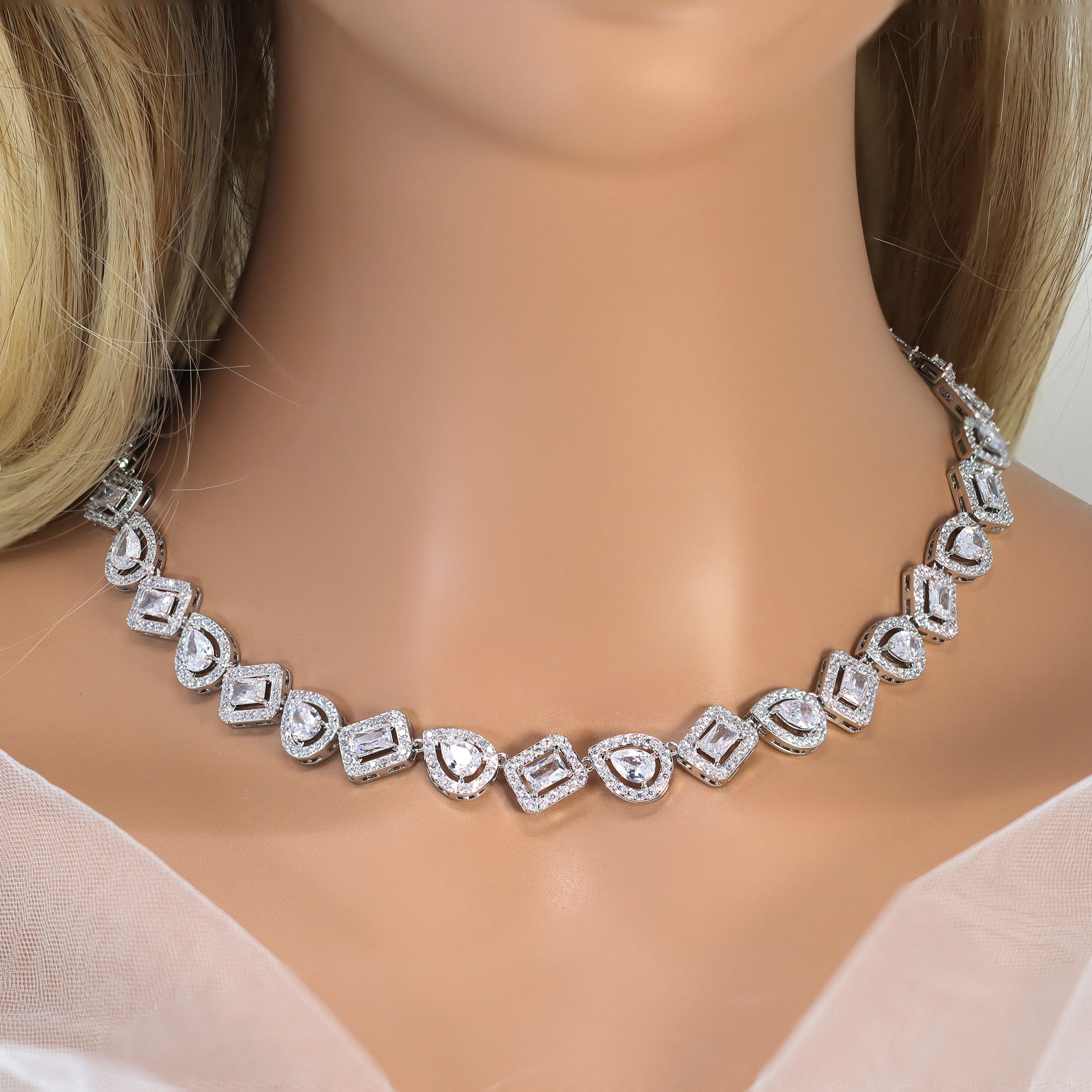 Diamond/ Swarovski Crystal Elegant pear round and princess cut Necklace Set, Long Bridal Jewelry Set, Crystal Bridal Earrings