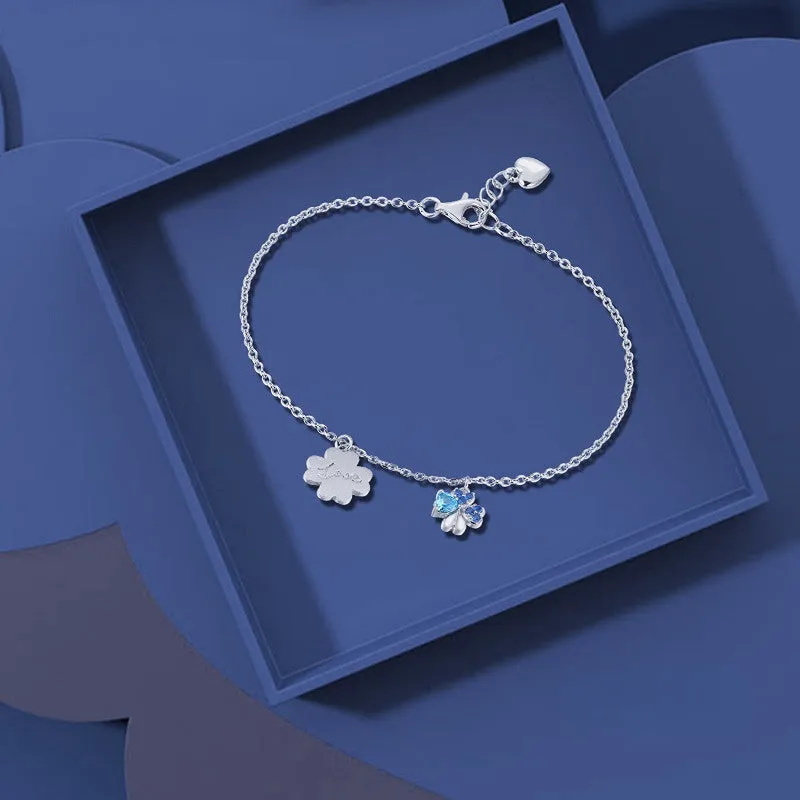 Double Four Leaf Clover with Blue Zircon Silver Bracelet for Women