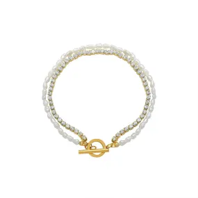 Double Layer Freshwater Pearl and Zircon 18K Gold Bracelet for Women